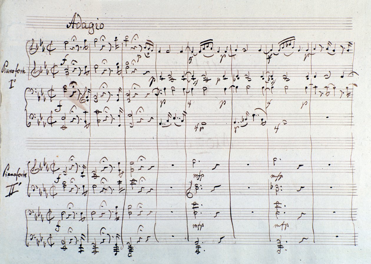 Pagina della sinfonia ridotta per due pianoforti e otto mani de Il flauto magico, opera di Mozart, versione di Lichtenthal (XIX secolo) da Unknown artist