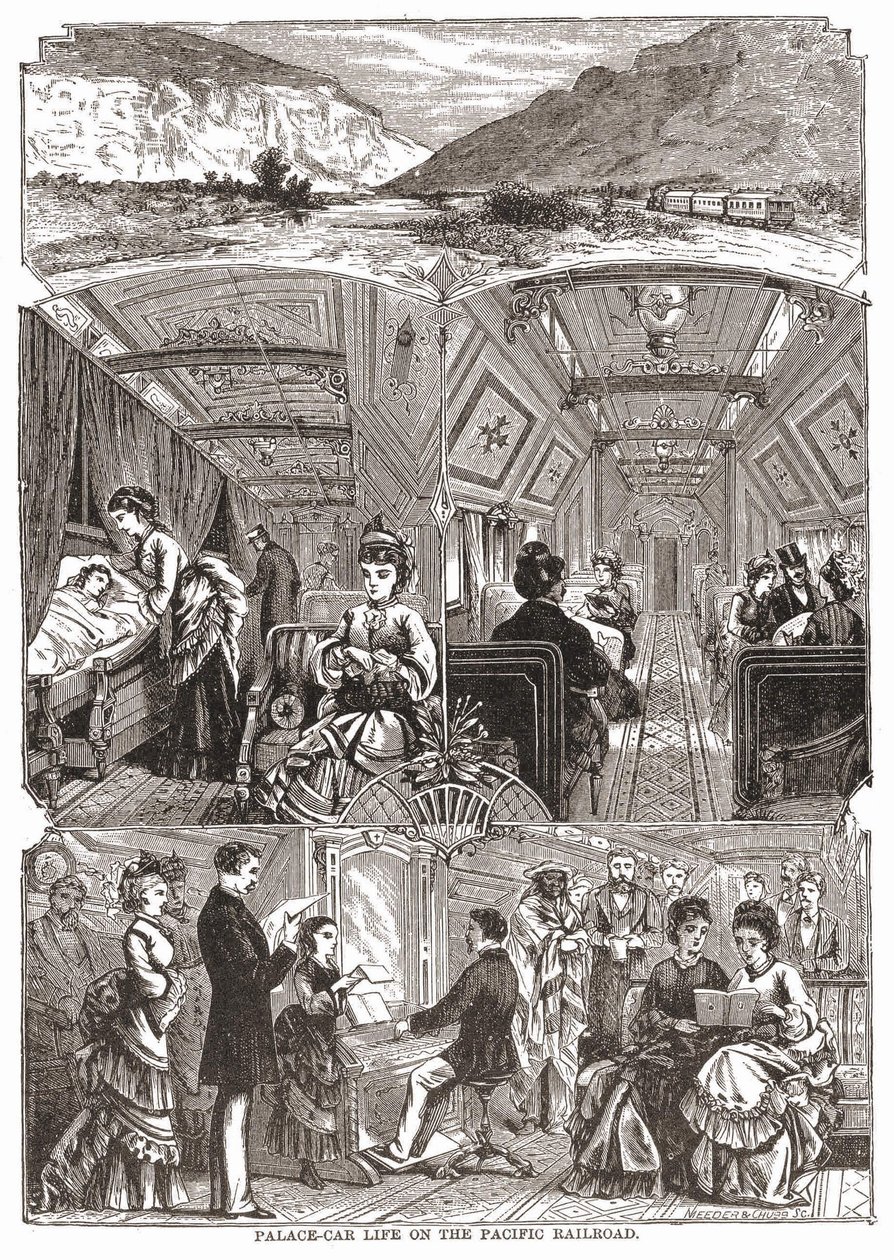 Vita nel vagone-palazzo sulla Ferrovia del Pacifico, incisione sd. XIX secolo da Unknown artist