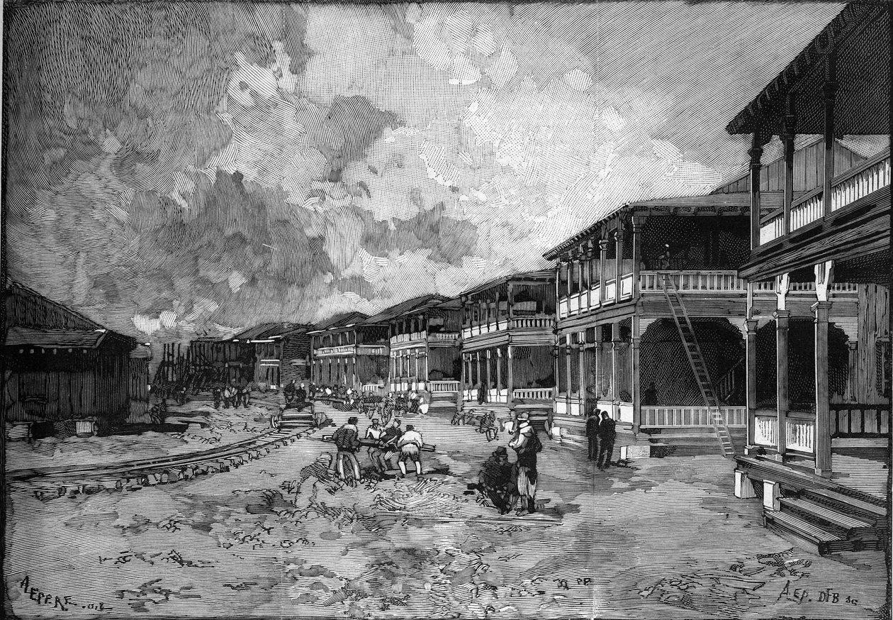 Canale di Panama. Strada della nuova città di Cristoforo Colombo a Colon: abitazioni dei lavoratori. Incisione in "Le Monde Illustré" da Unknown artist