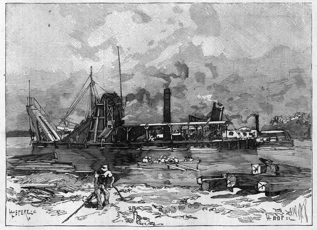 Lavori del Canale di Panama. Macchine principali: una draga e la sua valvola. Incisione in "Le Monde Illustré" da Unknown artist