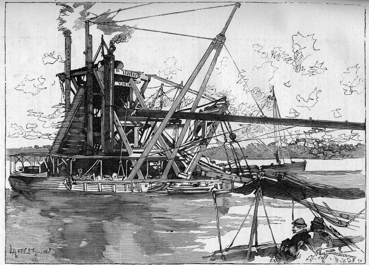 Lavori del Canale di Panama. Macchine principali: la grande draga americana. Incisione in "Le Monde Illustré" da Unknown artist