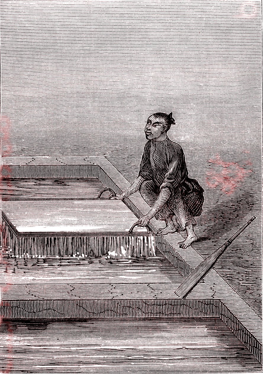 La pasta di carta diventa liquida, fabbricazione della carta in Cina (III secolo a.C.) (incisione da Unknown Artist