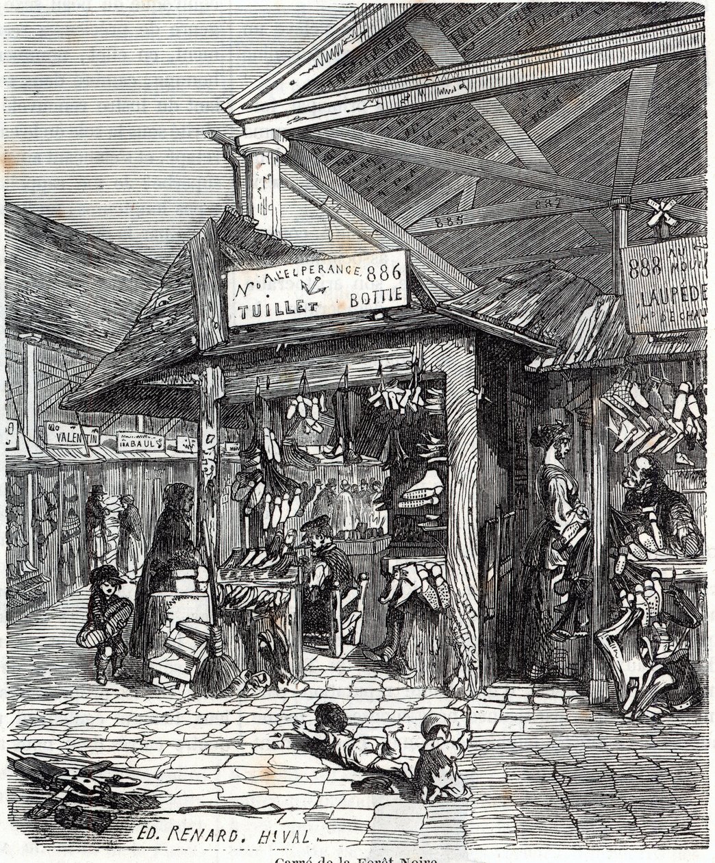 Parigi 3° arrondissement - Carre de la Foret-Noire: vendita di pelle e scarpe in Le Carreau du Temple nel XIX secolo - Incisione in "Tableau-de-Paris" di Edmond Texier da Unknown artist