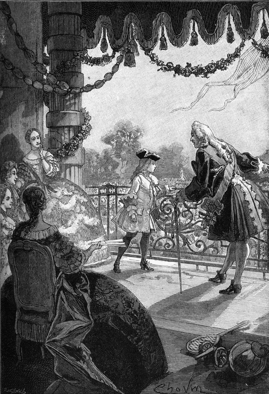 Parigi, le Tuileries (1721): Re di Francia Luigi XV (1710 - 1774) che si mostra sul balcone delle Tuileries. Incisione del XIX secolo. In 