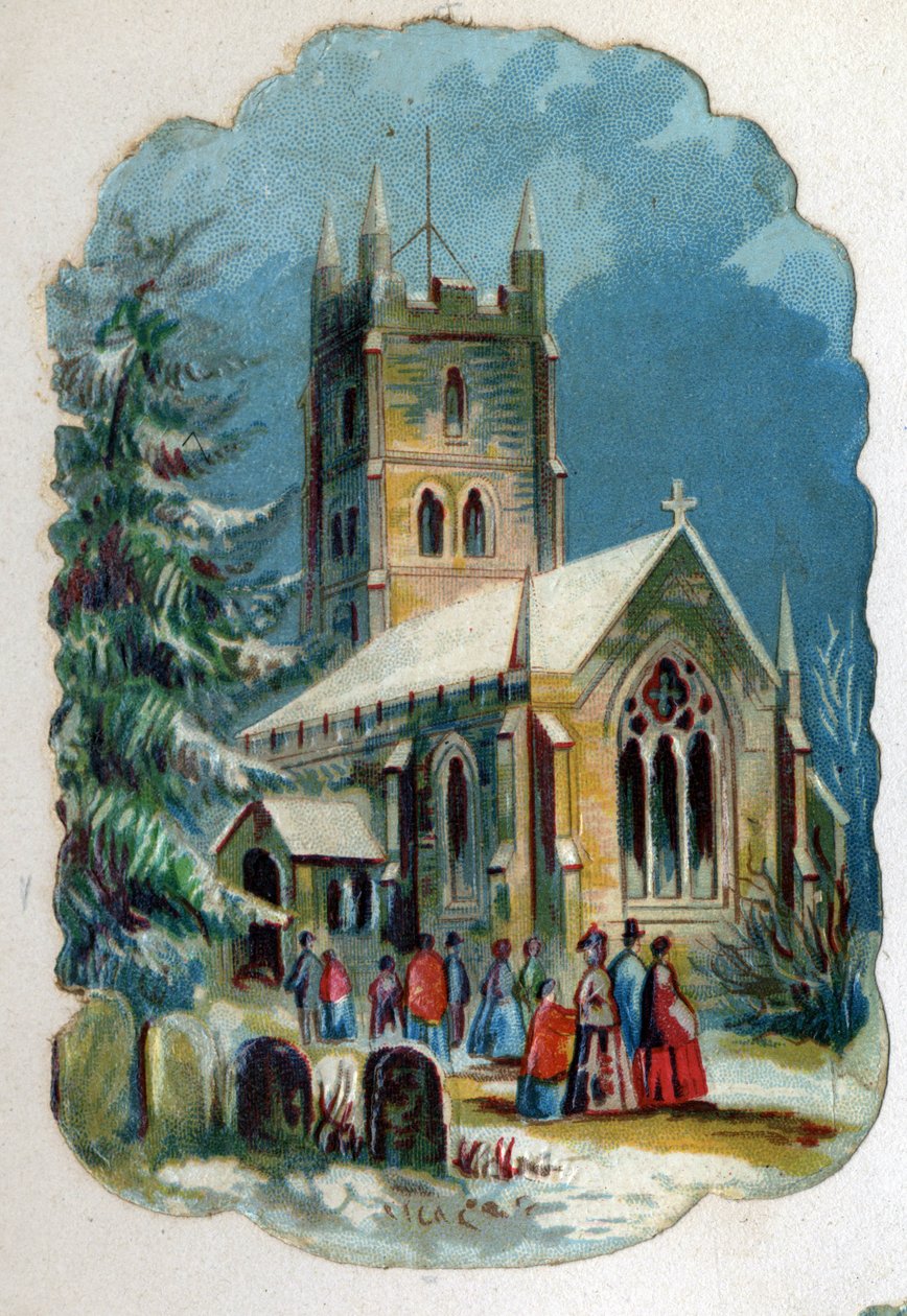 Parrocchiani che vanno in chiesa per la messa domenicale. Cromolitografia intorno al 1890. da Unknown artist