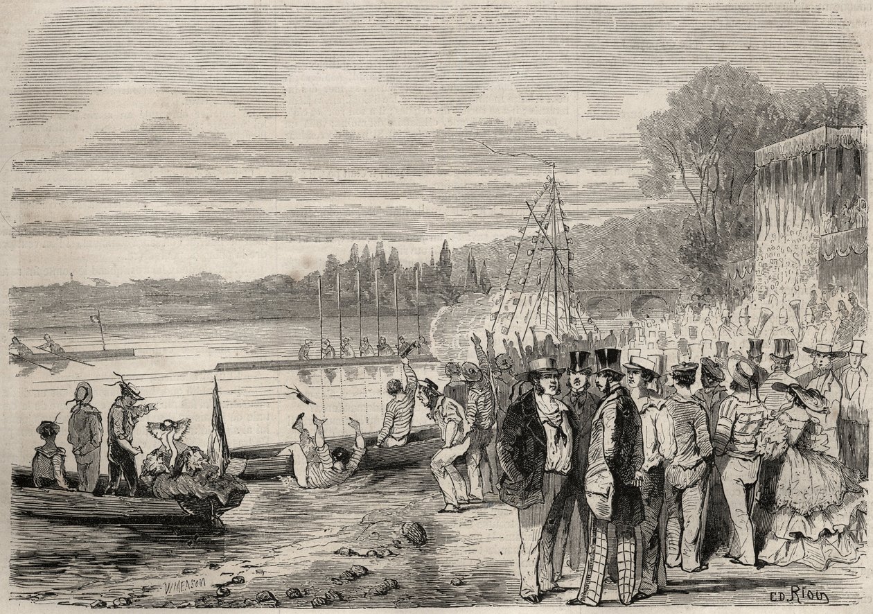 Canoisti parigini. Regate di Saint-Cloud nel 1857. Incisione in "Le Monde illustrious" del 1857. Collezione privata. da Unknown artist