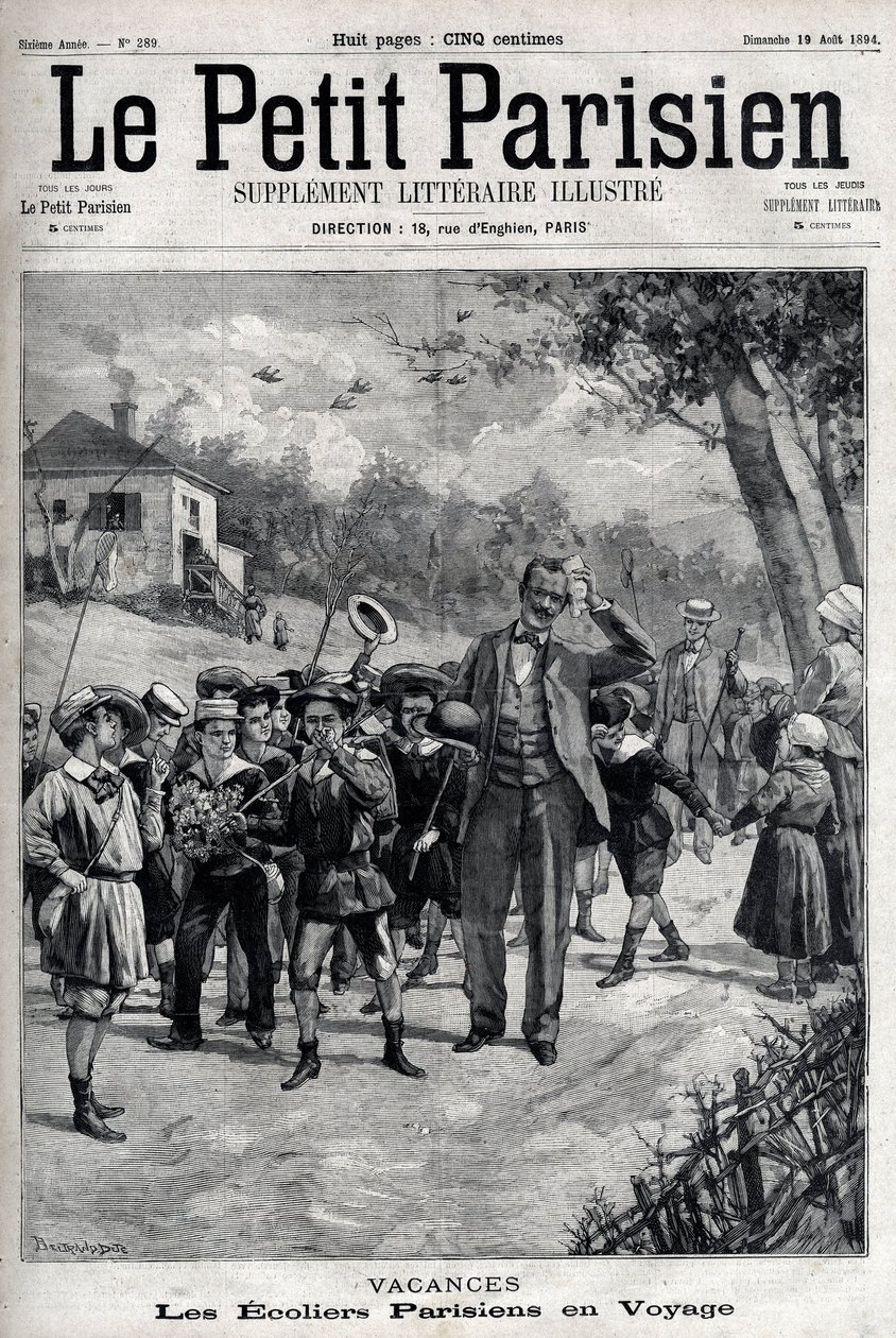 Vacanze scolastiche parigine in gita in campagna. Incisione in "Le Parisien" da Unknown artist