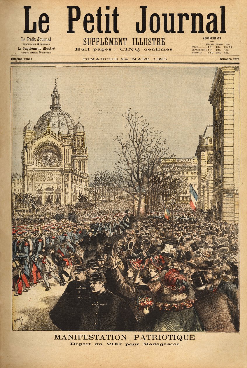 Dimostrazione patriottica a Parigi per la partenza del 200º reggimento per il Madagascar. Incisione in "Le petit journal" 24/03/1895. Collezione Selva da Unknown artist