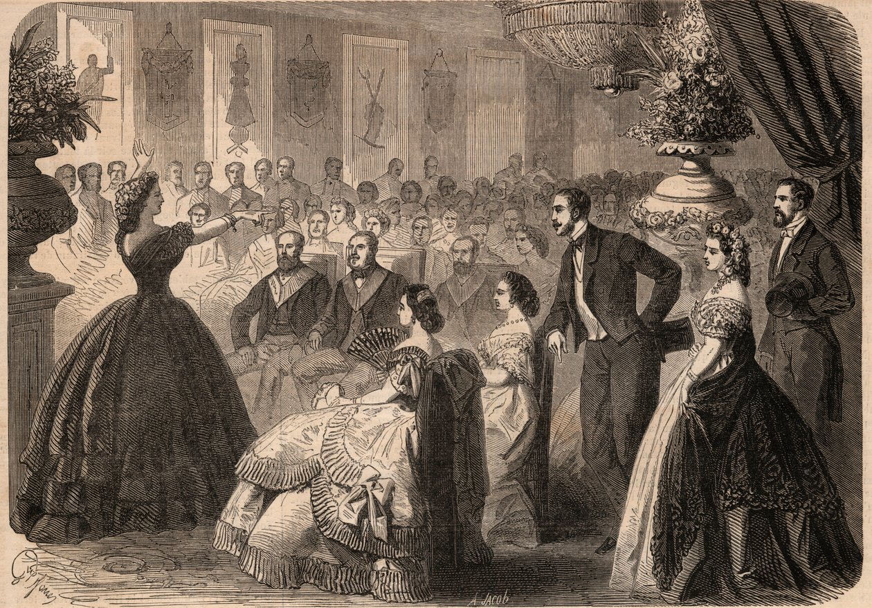 Pauline Viardot-Garcia (1821-1910), cantante francese alla Festa di Beneficenza organizzata dalla Loggia Massonica "La perseverante amicizia" nel Grande Oriente di Parigi. Incisione in "Le Monde illustré" del 1862. Collezione privata da Unknown artist