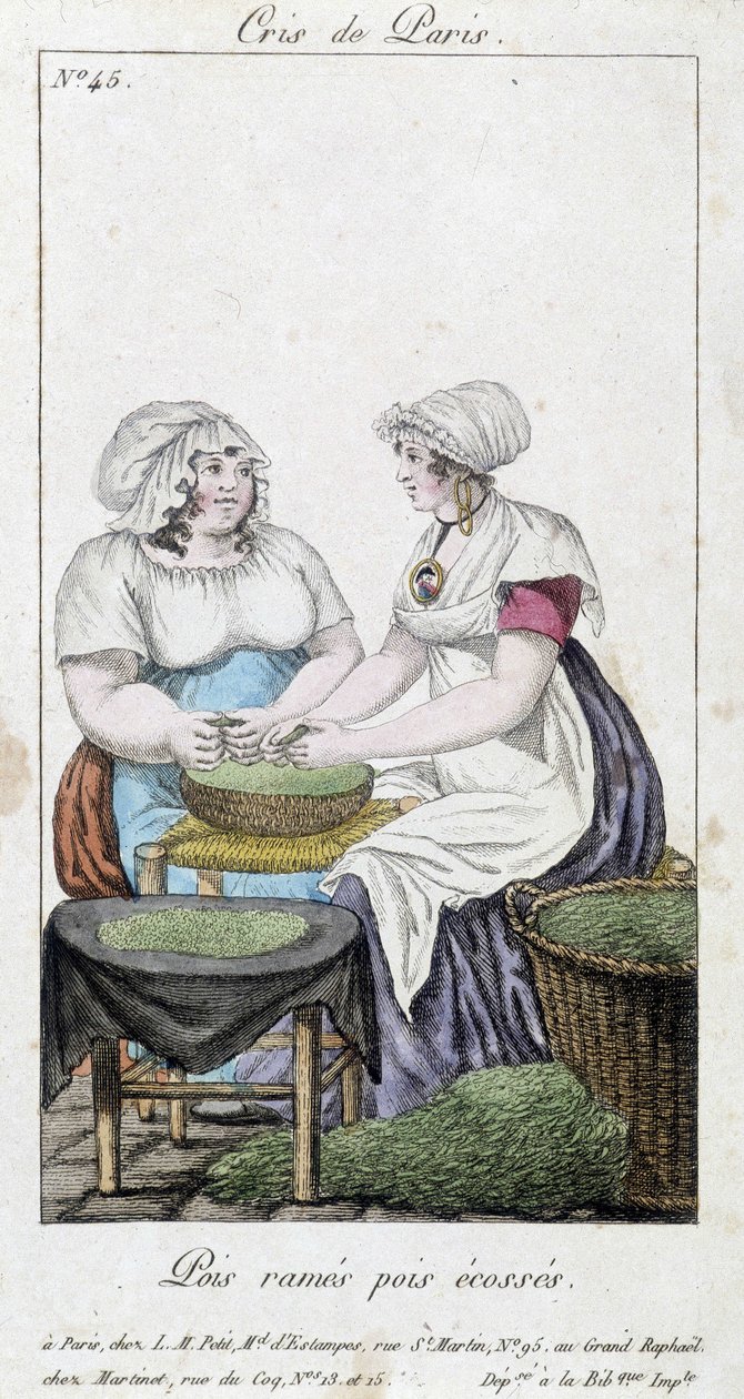 Mercanti di piselli: due donne che sgranano piselli - in Cris de Paris, inizio XIX secolo da Unknown artist