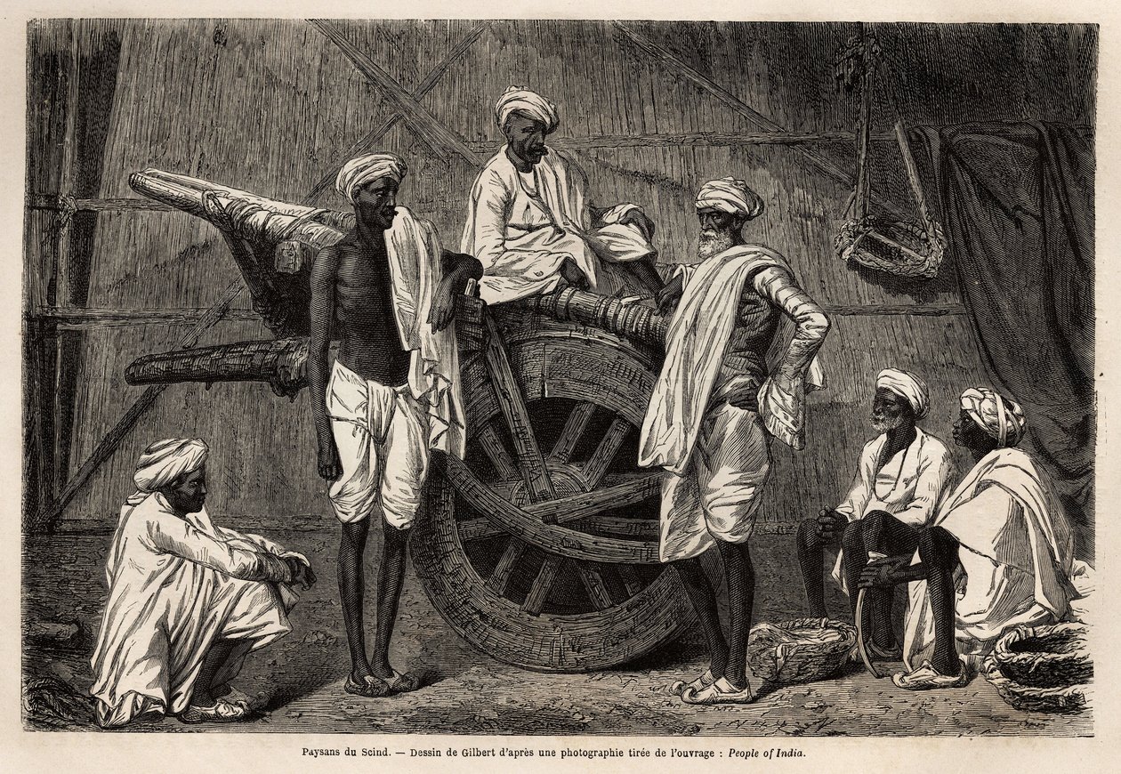Contadini del Sindh (regione del Punjab, India), accanto alle loro macchine agricole. Incisione per illustrare il viaggio nel Punjab e Kashmir, racconto di Guillaume Lejean, nel 1866, pubblicato in "Le tour du monde, nouveau journal des voyages", sotto la  da Unknown artist