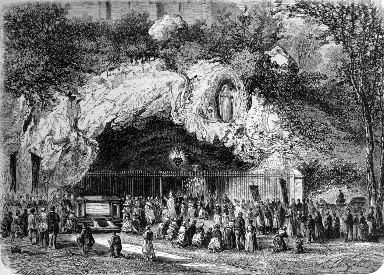Pellegrini davanti alla grotta miracolosa di Lourdes nei Pirenei dove la Vergine apparve a Bernadette Soubirous (1844-1879) nel 1858, luogo di pellegrinaggio. Incisione del XIX secolo da Unknown artist