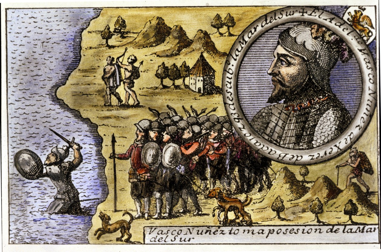 Impresa di Vasco Nunez de Balboa (1475 - 1517), navigatore spagnolo che fu uno dei primi a scoprire l