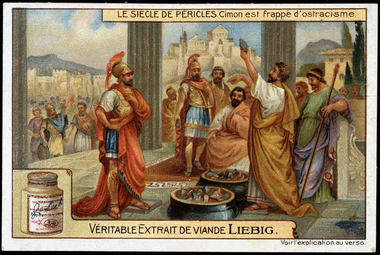 Secolo di Pericle (495-429 a.C.): lo statista e stratega Cimone (510-449 a.C.) è colpito da ostracismo, nel 461 a.C. - Cromolitografia Liebig da Unknown artist