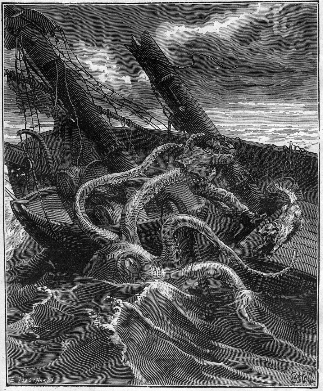 Avventure pericolose di Narciso Nicaise in Congo - di Armand Dubarry 1836-1910 - di fronte a lui un formidabile mostro marino (polpo gigante) - incisione in Journal des voyage de 1881 da Unknown artist
