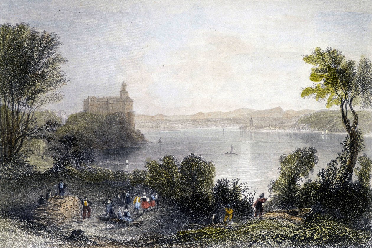 Castello di Persenberg in Germania. In primo piano, i falegnami al lavoro. Incisione del XIX secolo da Unknown artist