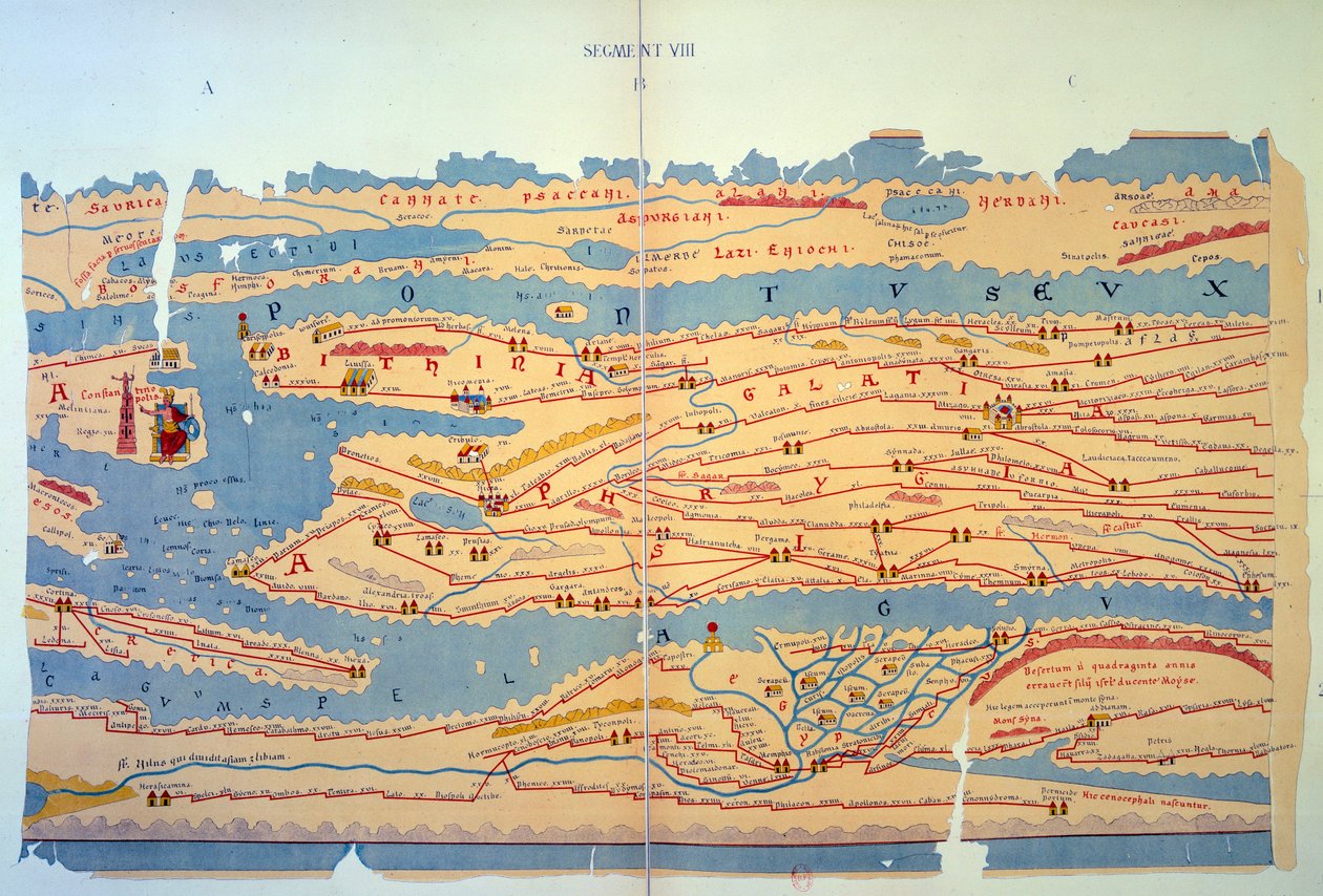 Tavola Peutingeriana che rappresenta le vie romane in Egitto e Turchia. Mappa stradale del XIII secolo basata su una mappa dell