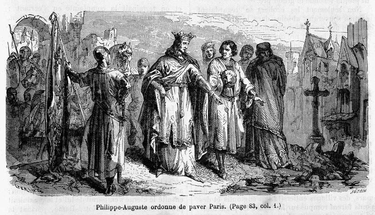 Filippo Augusto ordina di pavimentare Parigi nel XII secolo - incisione da Unknown artist