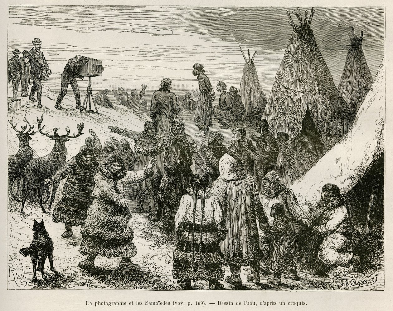 Fotografia e Samoiedi della regione di Caborova (Svezia), disegno di Riou, per illustrare la storia del Professor Nils Adolf Erik (Eric) Barone Nordenskjold (Nordenskiold) (1832-1901): Spedizione Polare Svedese da Unknown artist