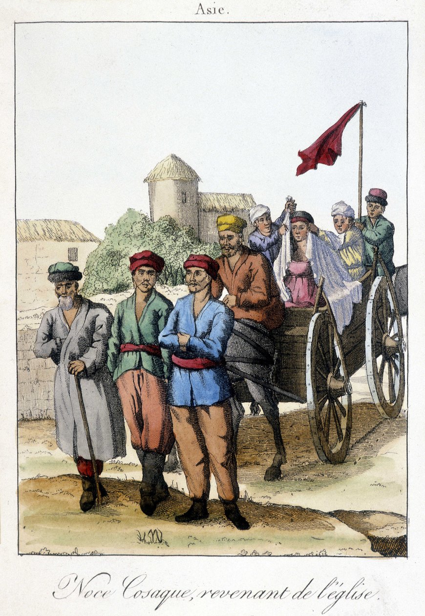Tavola del 1811 che illustra un gruppo di cosacchi che tornano dalla chiesa dopo un matrimonio da Unknown artist