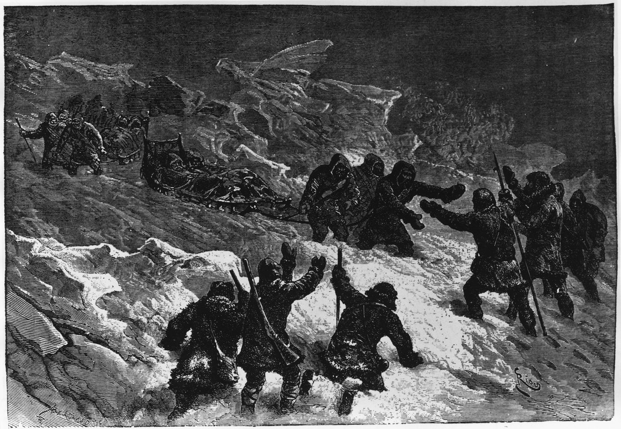 Polo nord: incontro degli slitte di Markham - Nares Georges S., Un viaggio al mare polare, Parigi: Hachette da Unknown artist