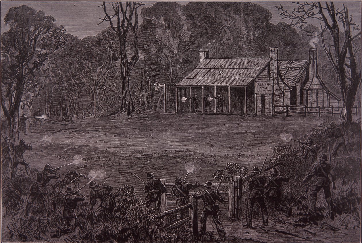 La polizia apre il fuoco sulla Kelly Gang al Glenrowan Hotel, 28 giugno 1880 da Unknown artist