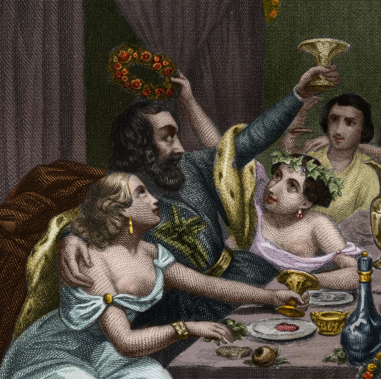 Papa Alessandro VI (1431-1503) (Alessandro, Rodrigo Borgia) celebra il matrimonio di sua figlia Lucrezia Borgia con 50 cortigiane in Vaticano. Incisione del 1842 in "Histoire des papes: crimes, murders, poisonings, parricides". da Unknown artist