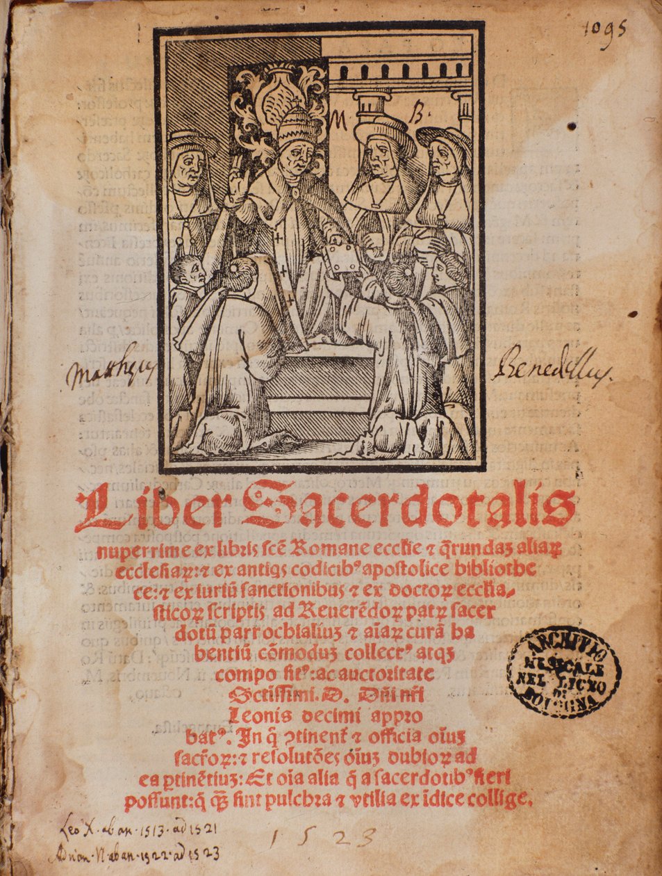 Papa Leone X riceve il libro Frontespizio del libro liturgico 