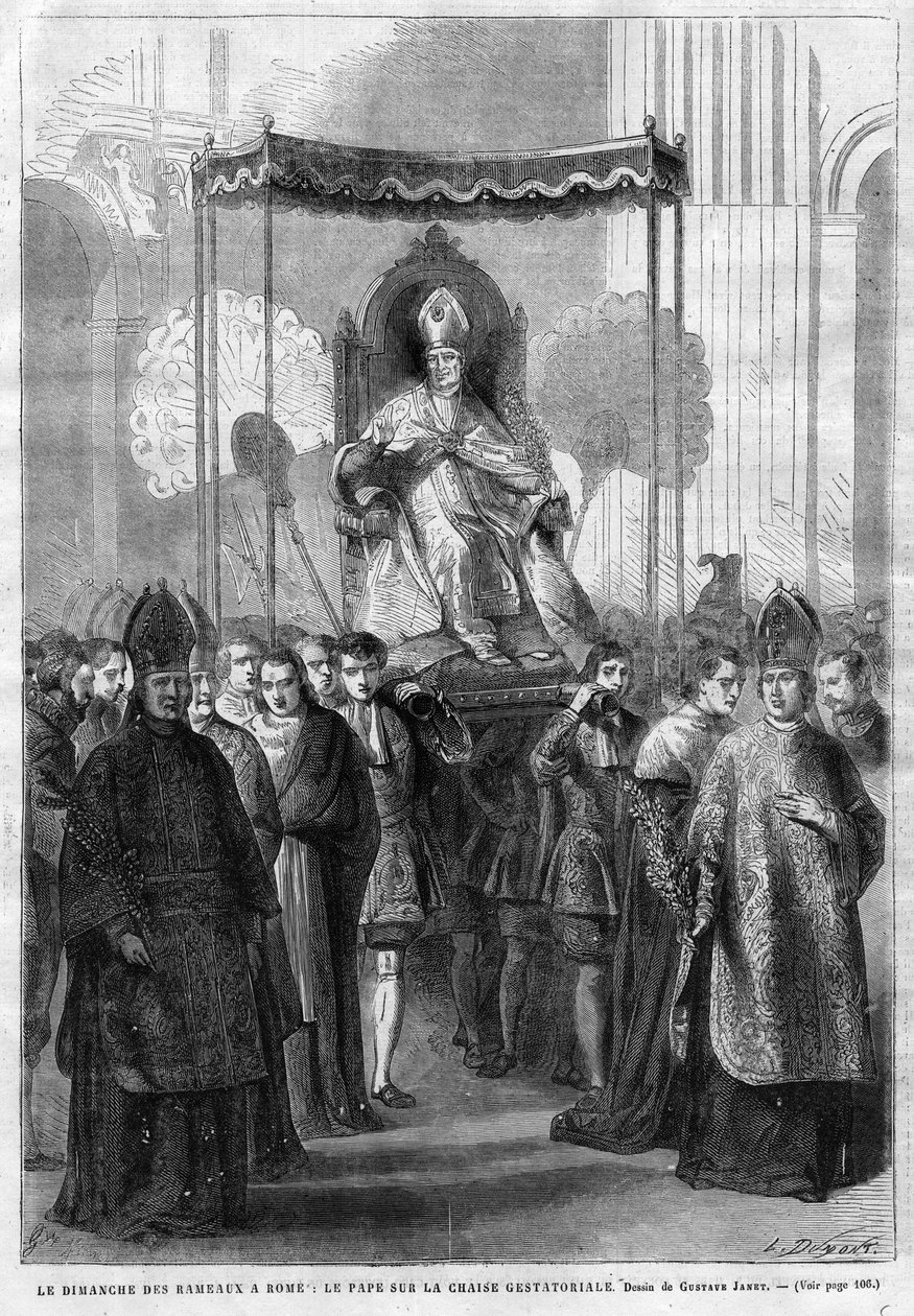 Papa Pio IX sulla sedia gestatoria - Domenica delle Palme a Roma: Papa Pio IX sulla sedia gestatoria - disegno di Gustave Janet - Il Diario Illustrativo del 1868. da Unknown artist