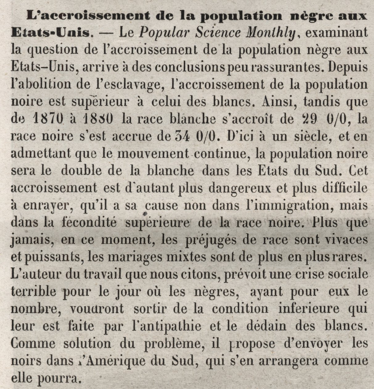 La crescita della popolazione nega negli Stati Uniti: commento razzista nel libro secondo un articolo di Popular Science Monthly. Preoccupato per l