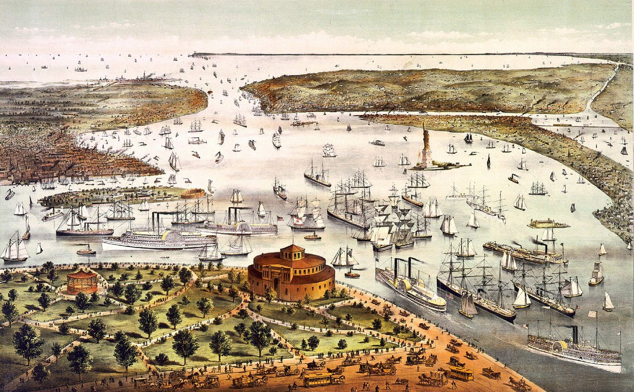 Porto di New York; veduta aerea. Incisione c. 1892 da Unknown artist