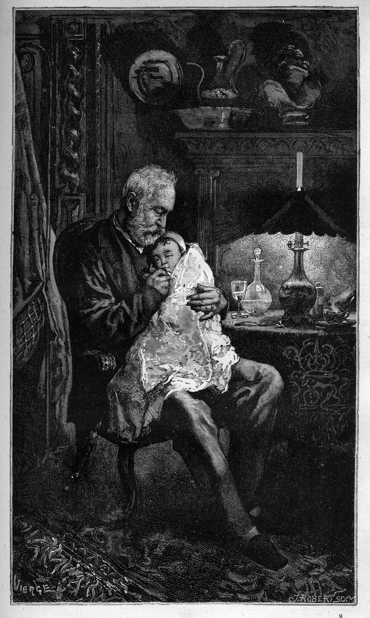 Ritratto di Victor Hugo, seduto con la nipote Jeanne - incisione da 
