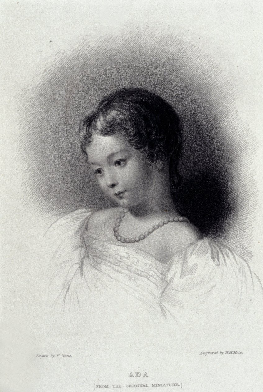 Ritratto di Augusta Ada Byron (1815-1852) che divenne Anna Lovelace, figlia del poeta George Gordon Byron. Incisione del XIX secolo da Unknown artist