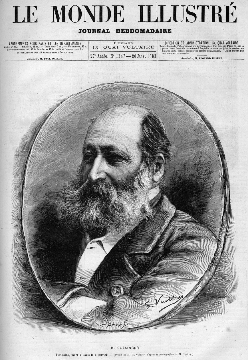 Ritratto di Auguste Clésinger (1814-1883), scultore e pittore francese. Incisione in "Le Monde Illustré" 1883. Collezione privata da Unknown artist