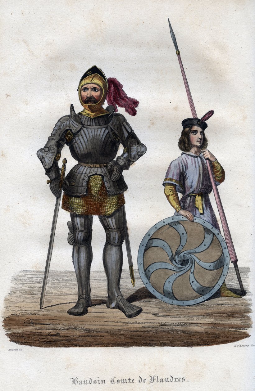 Ritratto di Baldovino I, Conte delle Fiandre (830-879), noto anche come Baldovino Braccio di Ferro. Incisione del 1842 in "Histoire des papes" di Maurice Lachatre. Collezione privata. da Unknown artist