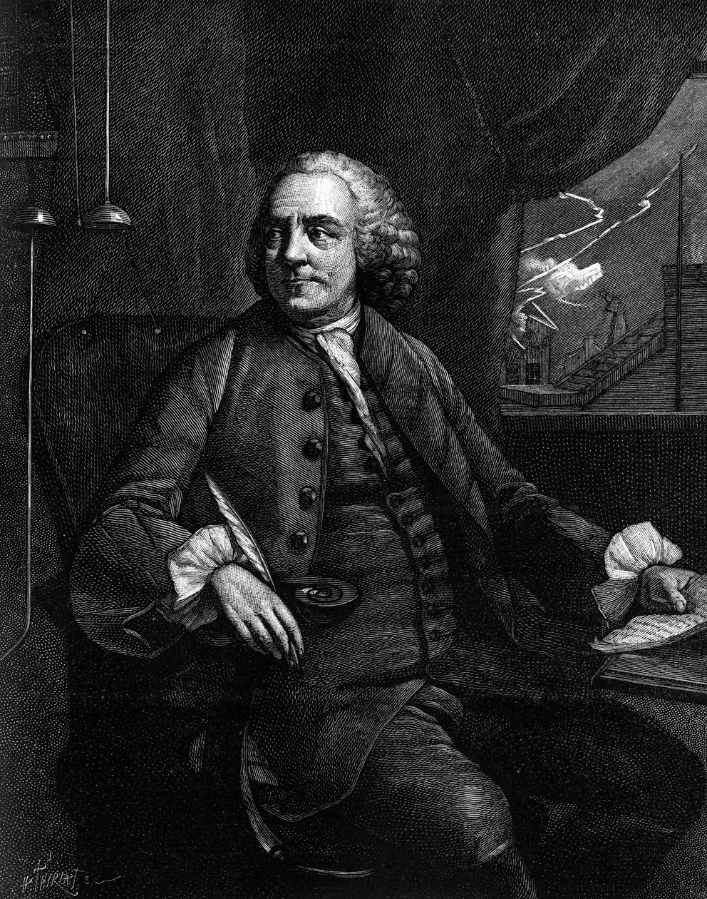 Ritratto di Benjamin Franklin (1706-1790), filosofo, fisico e ambasciatore americano. (Da una vecchia incisione). Incisione in "La Nature: revue des sciences et de leurs applications aux arts et a l