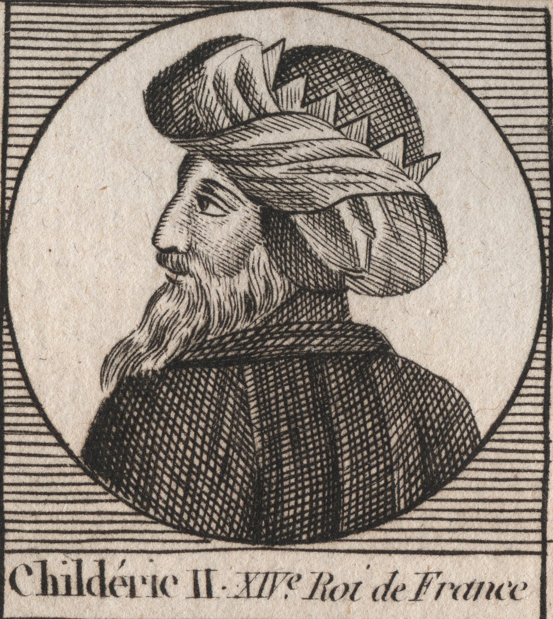 Ritratto di Childerico II, Re dei Franchi dal 670 al 673 - CHILDERICO II 655-675 Re merovingio di Francia e Austrasia - incisione da 