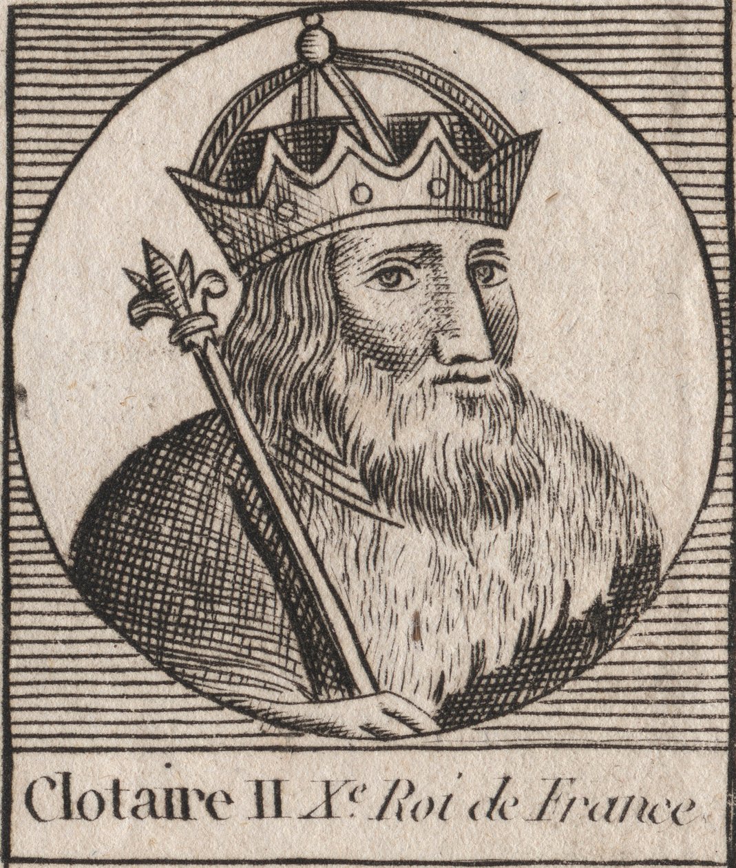 Ritratto di Clotario II (584 - 628), re di Neustria e re dei Franchi - Clotario o Clotario II (m. 629) re dei Franchi - incisione da 