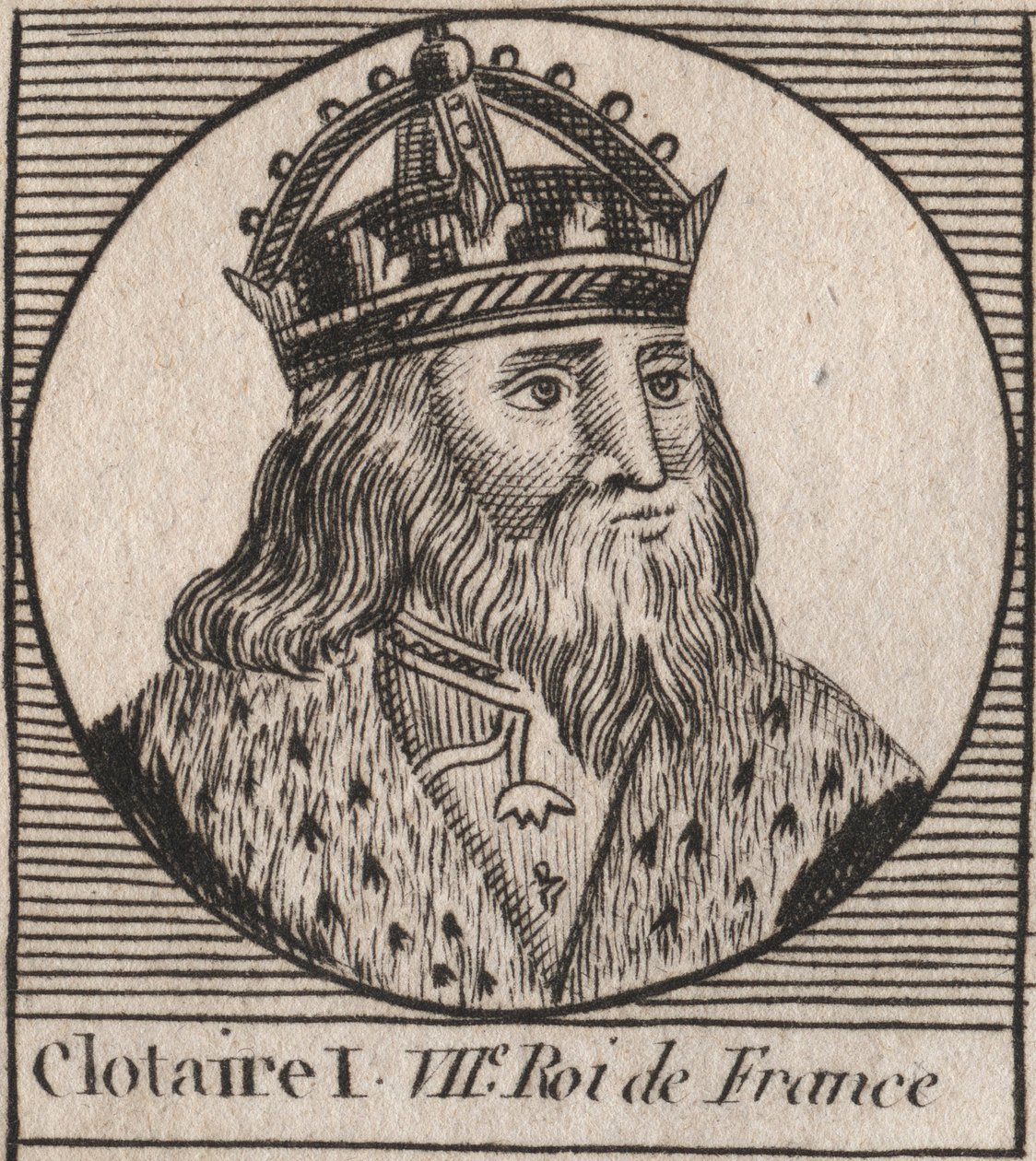 Ritratto di Clotario I (497 - 561), Re di Neustria e Re dei Franchi - incisione da "Instruction sur l