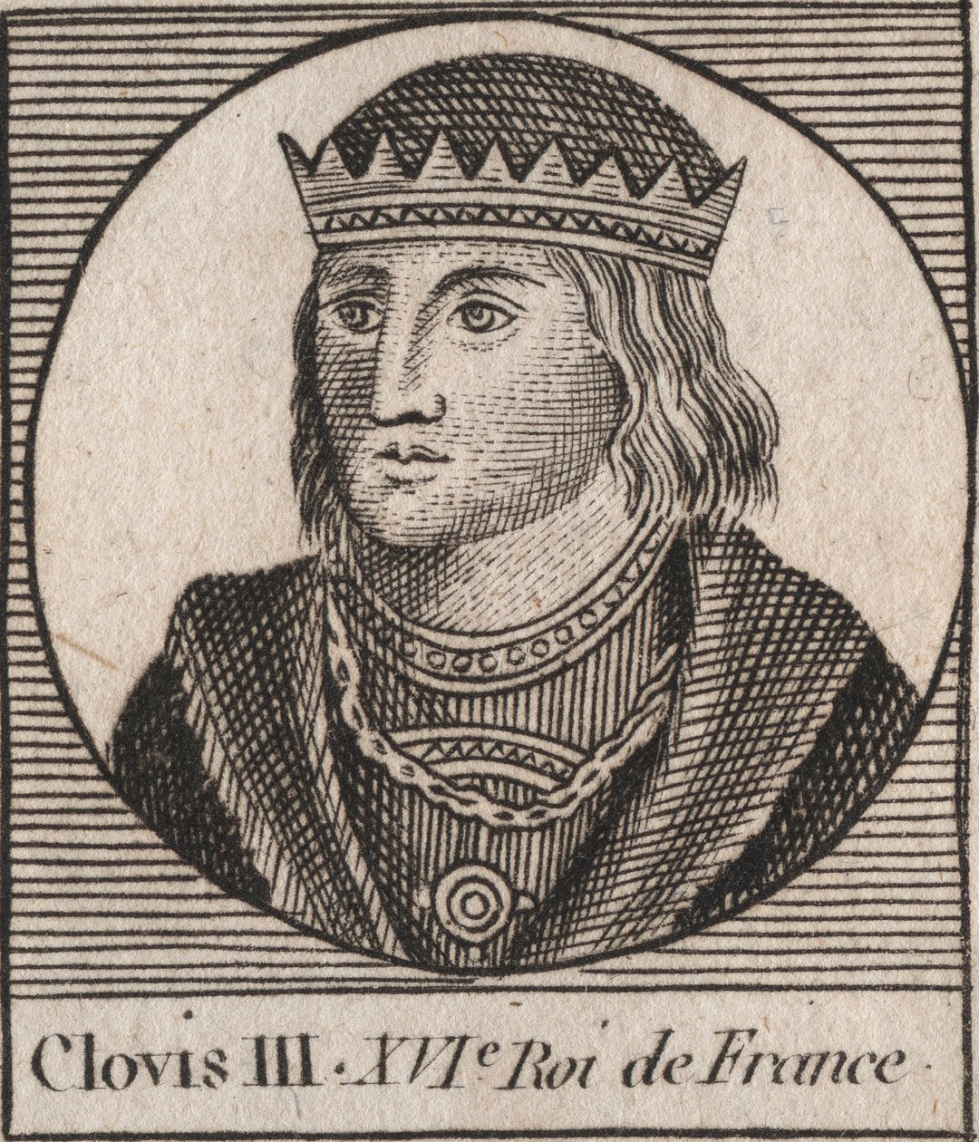Ritratto di Clodoveo III, re dei Franchi dal 691 al 695 - CLOVIS III re merovingio di Neustria e Austrasia - incisione da 
