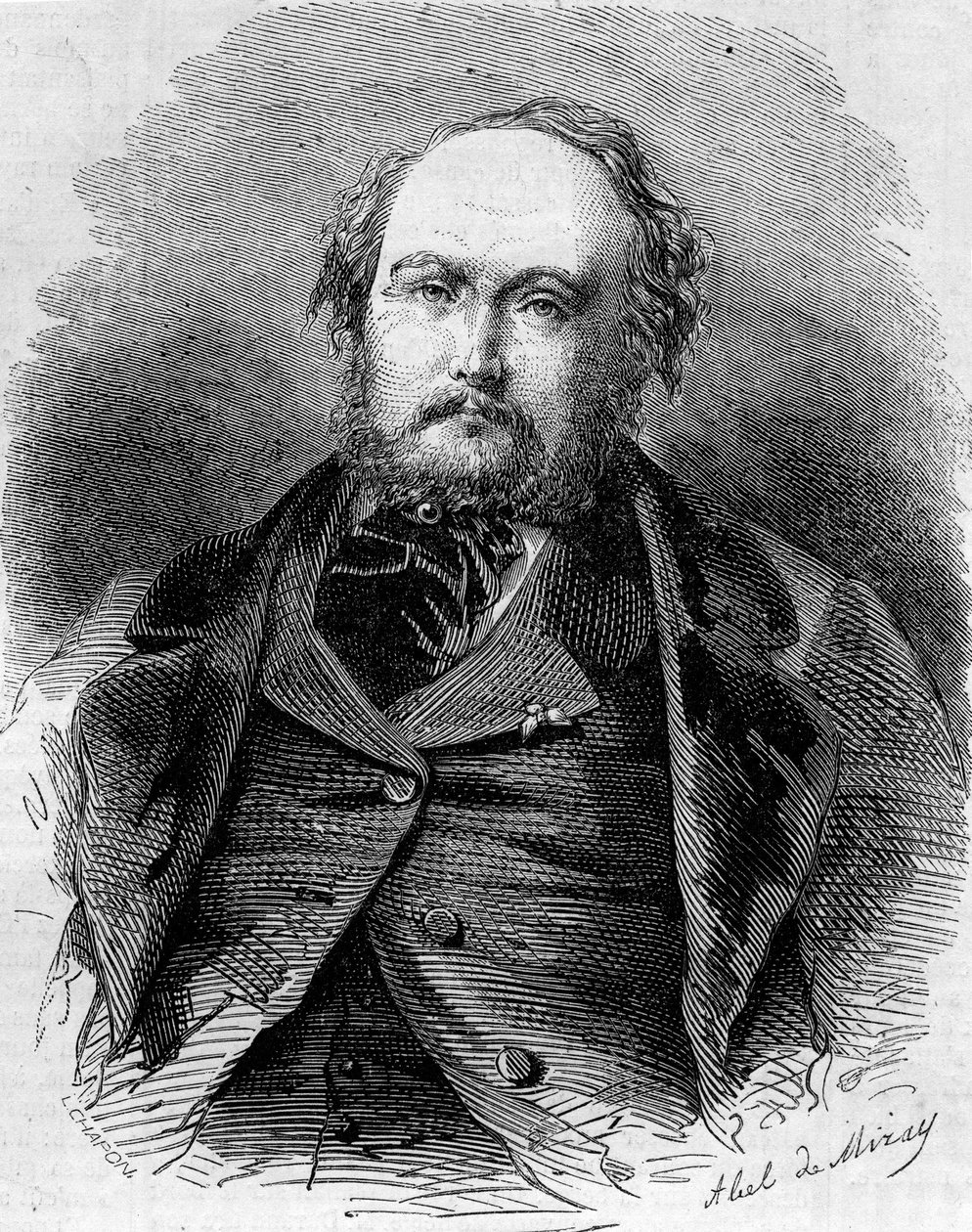Ritratto di Eugene Guinot (1812-1861), giornalista, romanziere e drammaturgo francese. Conosciuto anche come Pierre Durand e Paul Vermond. Incisione in “Le Monde Illustré” n.202 del 23 febbraio 1861 da Unknown artist