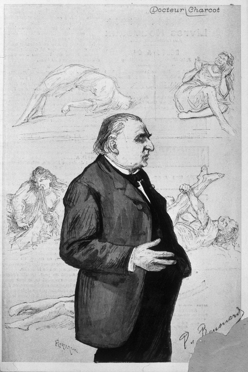 Ritratto di Jean Martin Charcot con disegni che raffigurano pazienti affetti da isteria da Unknown artist