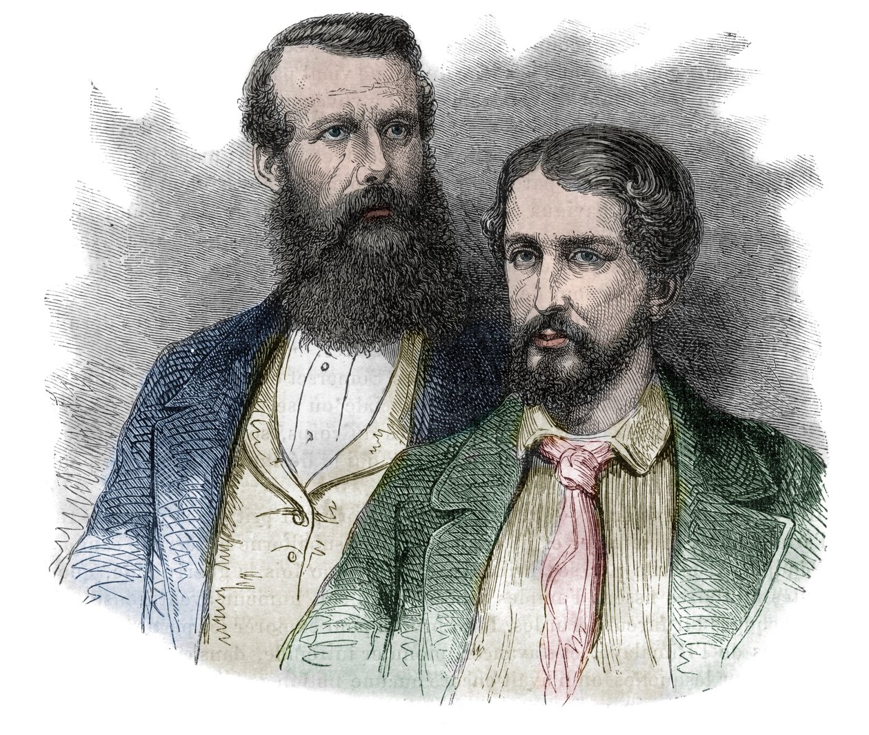 Ritratto di John Hanning Speke, esploratore britannico, e James Augustus Grant, soldato ed esploratore britannico. Insieme esplorarono le sorgenti del fiume Nilo - incisione da "The picturesque history of great voyages in the nineteenth century". 1877 da Unknown artist