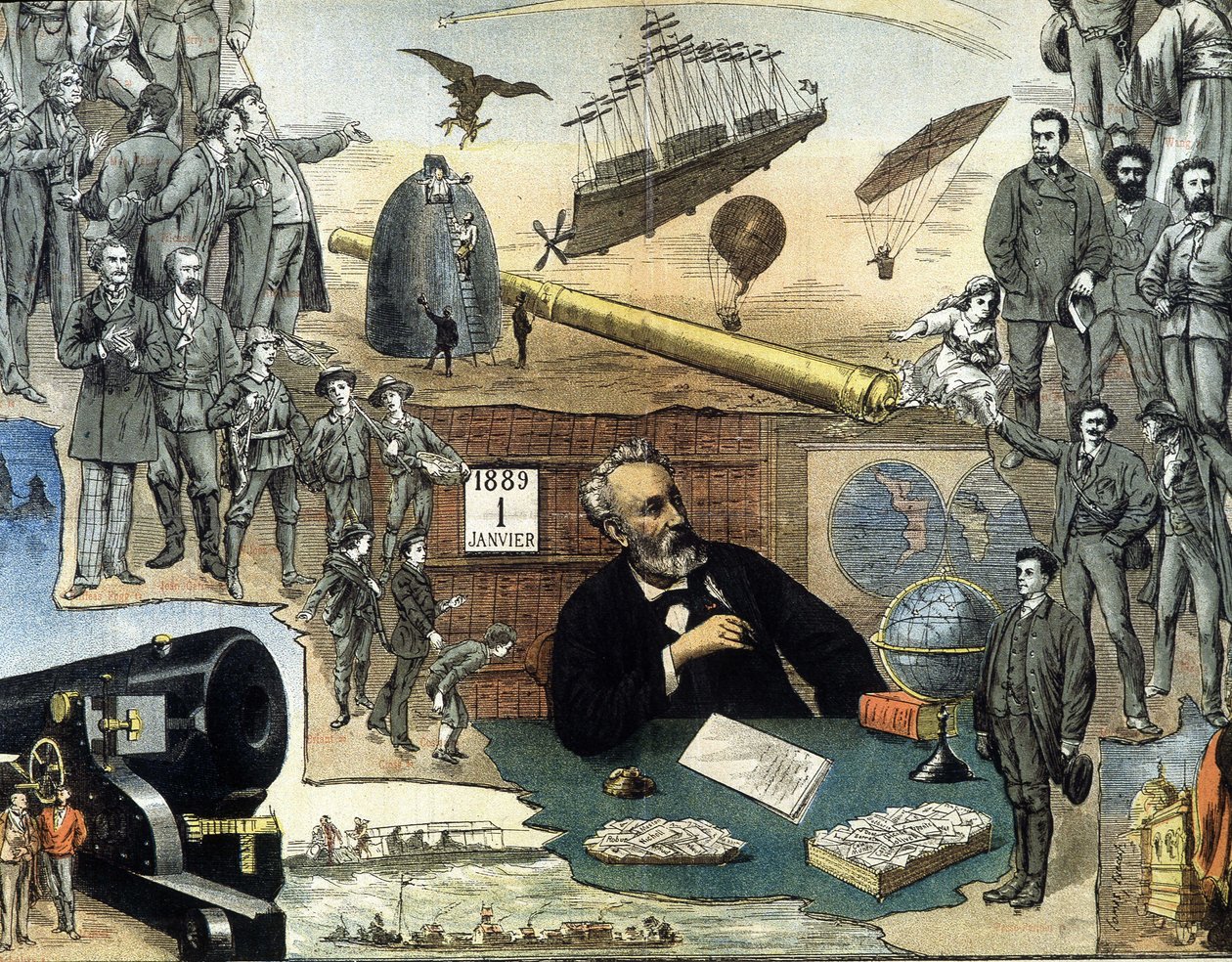 Ritratto di Jules Verne e scene delle sue opere - poster pubblicitario per le sue opere complete da Unknown artist