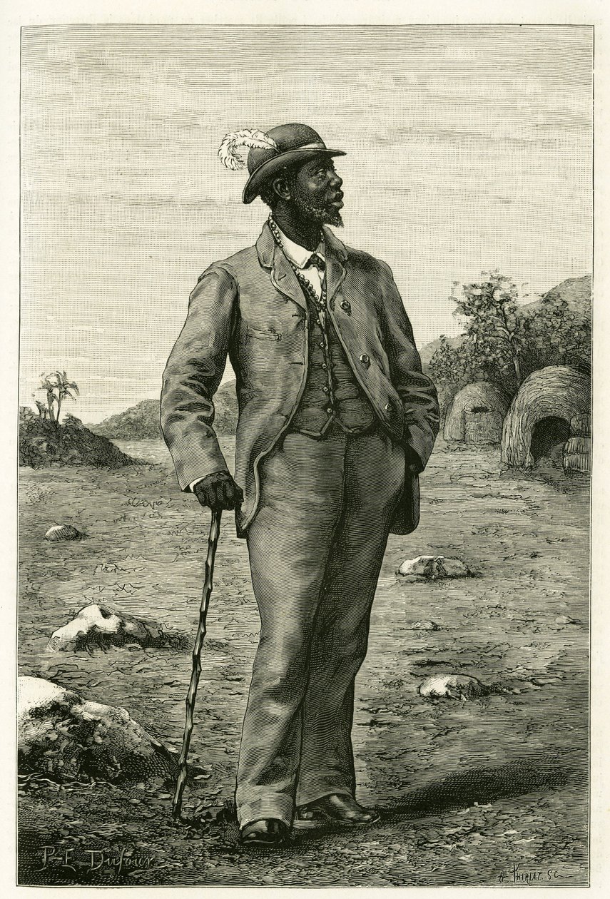 Ritratto del Re Sepopo dello Zambeze (attuale Sudafrica), vestito in stile europeo, incisione di P. Dufour, per illustrare la storia "Nel paese dei Marutses", nel 1875-1879, del Dr. Emile Holub (1847-1902). Pubblicato nel Tour du monde, 2° semestre 1 da Unknown artist