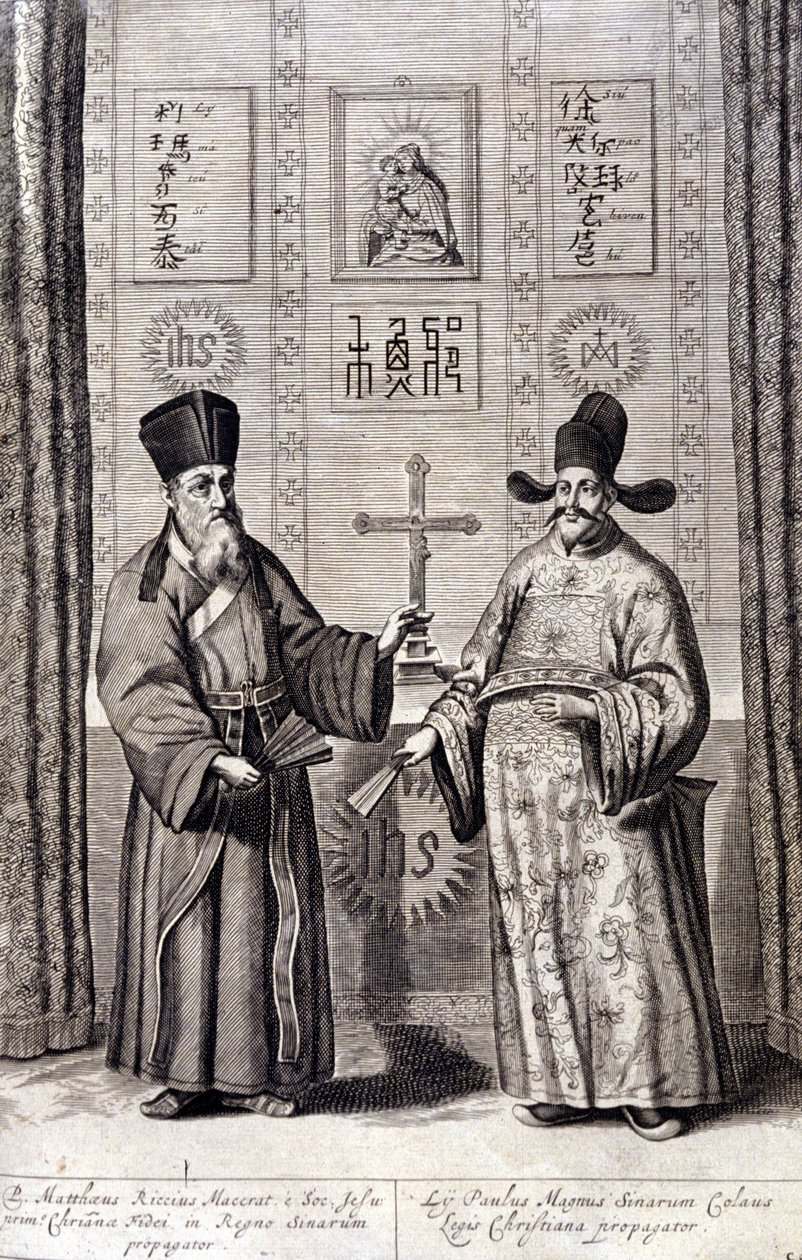 Ritratto di Matteo Ricci (a sinistra), gesuita italiano e Paul Ly, grande propagatore della fede cristiana in Cina, incisione di "De China monumenta" di Athanasius Kircher (1601 - 1680), gesuita, orientalista e studioso tedesco, Amsterdam 1667. da Unknown artist
