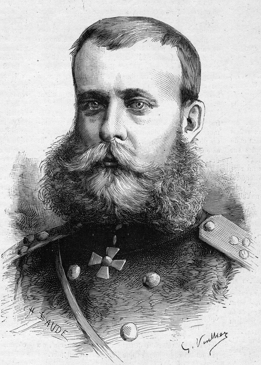 Ritratto di Mikhail Dmitrievich Skobeleff (Generale Skobeleff o Skobelev) (1843-1882), militare russo. Incisione in "Le Monde Illustré" n.1301 del 4 marzo da Unknown artist