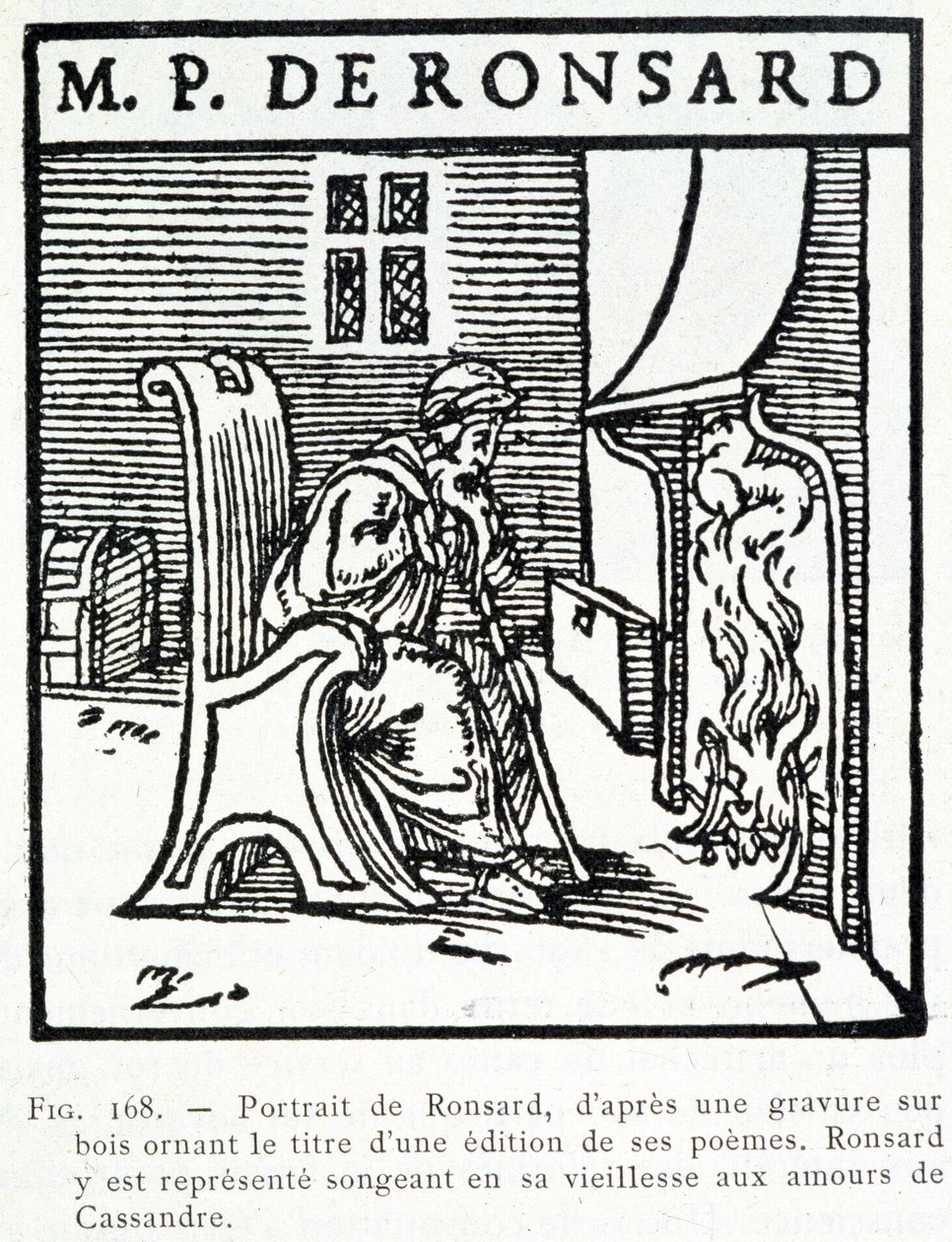 Ritratto di Pierre de Ronsard anziano che pensa agli amori di Cassandra - incisione su legno da Unknown artist