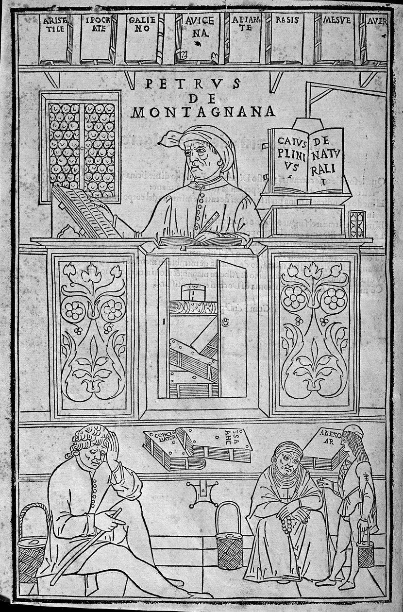 Ritratto di Pietro da Montagnana, un insegnante medico padovano circondato da libri medici greci e arabi, e tre pazienti in attesa di far esaminare la loro urina. da Unknown artist