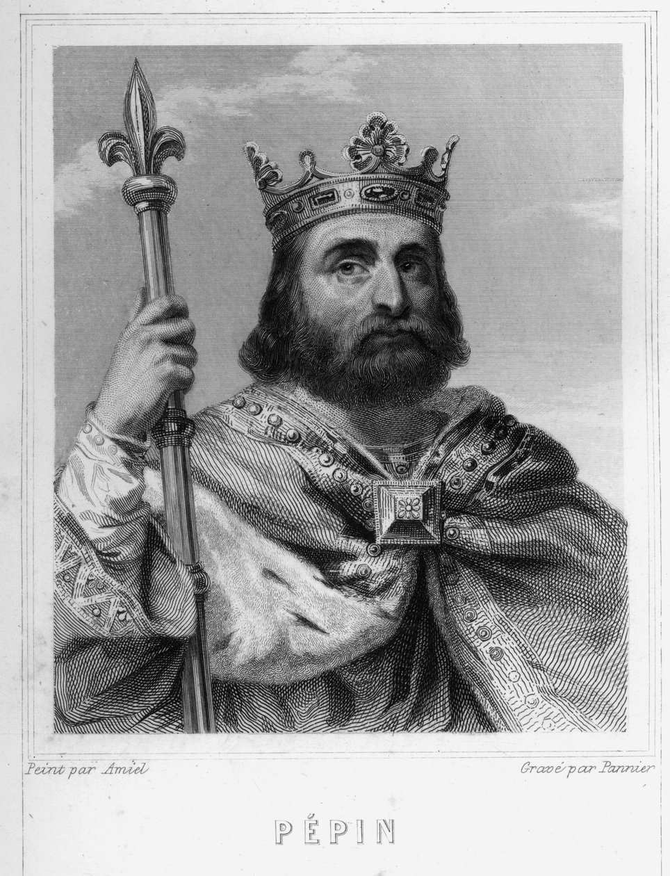 Ritratto di Pipino il Breve (v. 714 - 768), Re dei Franchi, primo dei Carolingi - in "Histoire des Français" di Lavallée, incisione, sd da Unknown artist